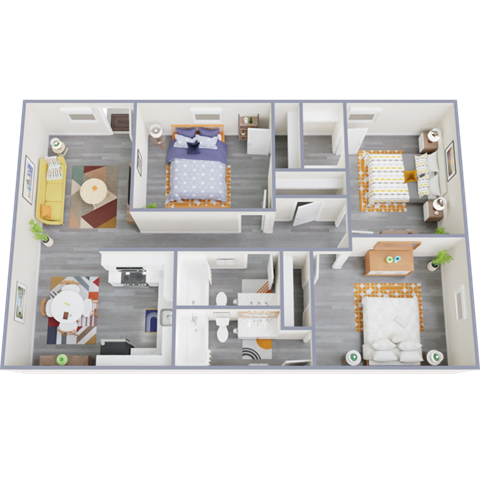 Floor plan for 3 beds, 2 baths, 977 sqft
